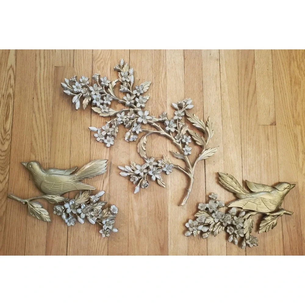 3pc Syroco Dart MCM Hollywood Regency Birds Dogwood Flower Branch Wall Plaques